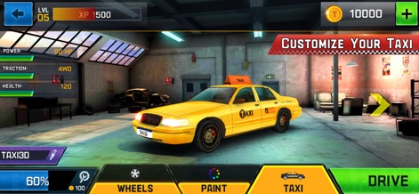 Taxi Driver 3D - Les joueurs peuvent affiner leur véhicule via des options de personnalisation étendues, modifiant les roues et la peinture pour refléter leur style unique, tout en visualisant les statistiques de performance comme la puissance.