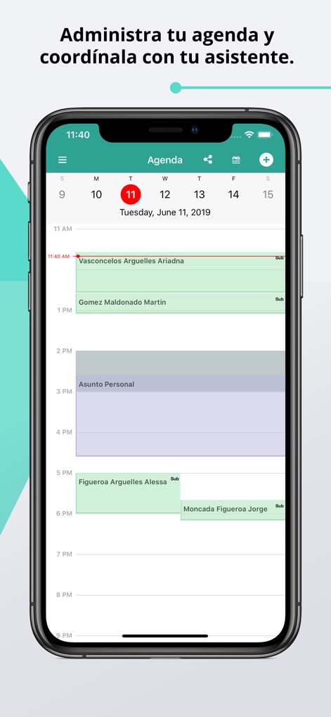 Eleonor - Esta tela apresenta a "Agenda" diária, onde os compromissos dos pacientes são claramente exibidos e as opções de compartilhamento de calendário estão disponíveis.