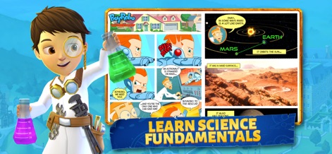 Adventure Academy - Experience science through an interactive comic strip explaining 'Earth' and 'Mars', guided by a character in a lab coat holding colorful beakers.