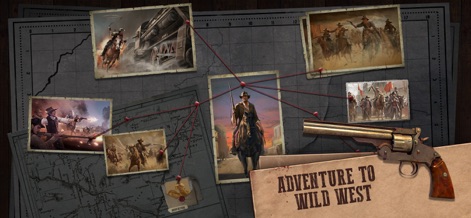 West Game - The app immerses users in an epic journey, showcasing multiple dynamic action scenes and a vintage map backdrop that sets the stage for adventure.