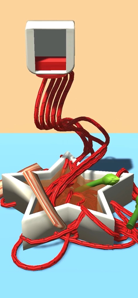 Noodle Master - Esta imagen revela la versatilidad de la aplicación al mostrar la máquina dispensando fideos rojos con forma de cinta en un recipiente con forma de estrella, junto a intrigantes fideos verdes en espiral.