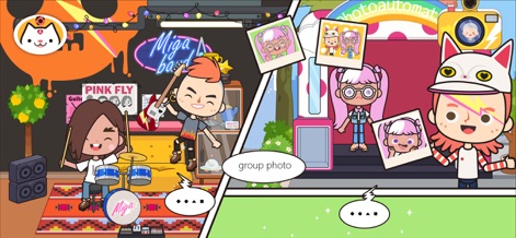 Miga Town: My Store - ユーザーはドラムやギターを演奏してバンド活動を楽しんだり（演奏シーン）、友人との思い出を写真に収めることができます（フォトブース）。