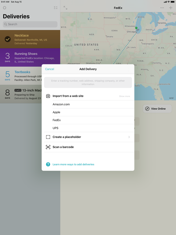 Delivery Status touch, a package tracker screenshot