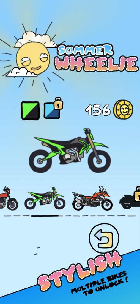Summer Wheelie - Users can browse the wide array of 'MULTIPLE BIKES TO UNLOCK' and monitor their currency balance, which tracks progress.
