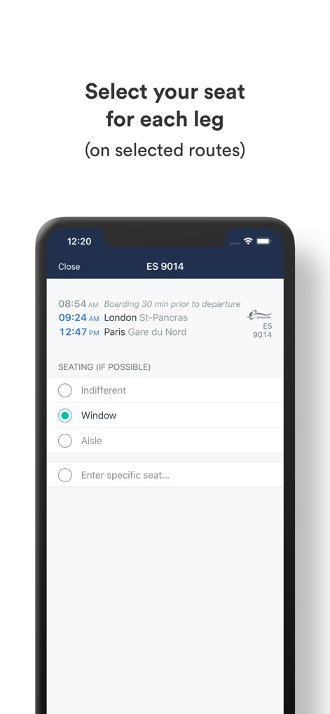 Trainline Business EU - L'application offre la possibilité de personnaliser l'expérience en sélectionnant une préférence de siège (fenêtre ou couloir) pour chaque segment du voyage, tel que Londres à Paris.