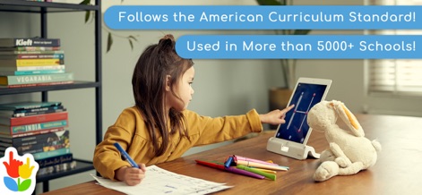 LetterSchool - Learn to Write! - This screenshot highlights the app's alignment with American curriculum standards and its widespread adoption in over 5000 schools.