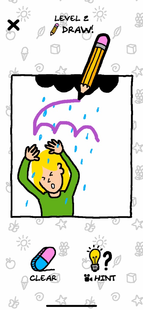 Just Draw - Drawing Puzzle - This tool demonstrates varied challenges, such as protecting a character from rain by drawing an umbrella, with clear "LEVEL" progression visible at the top.
