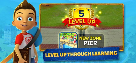 Adventure Academy - Witness the exciting 'Level Up' notification and the unveiling of a 'New Zone Pier' as users progress through their educational adventures.