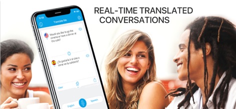 Translate Me - Live Translator - Witness how this tool facilitates live spoken exchanges, with clear conversation bubbles displaying translated text and dynamic language selection buttons.