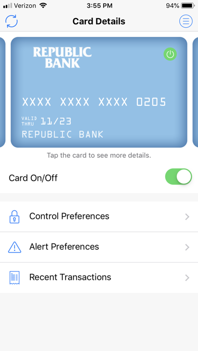 Republic Bank Card Controls Screenshot