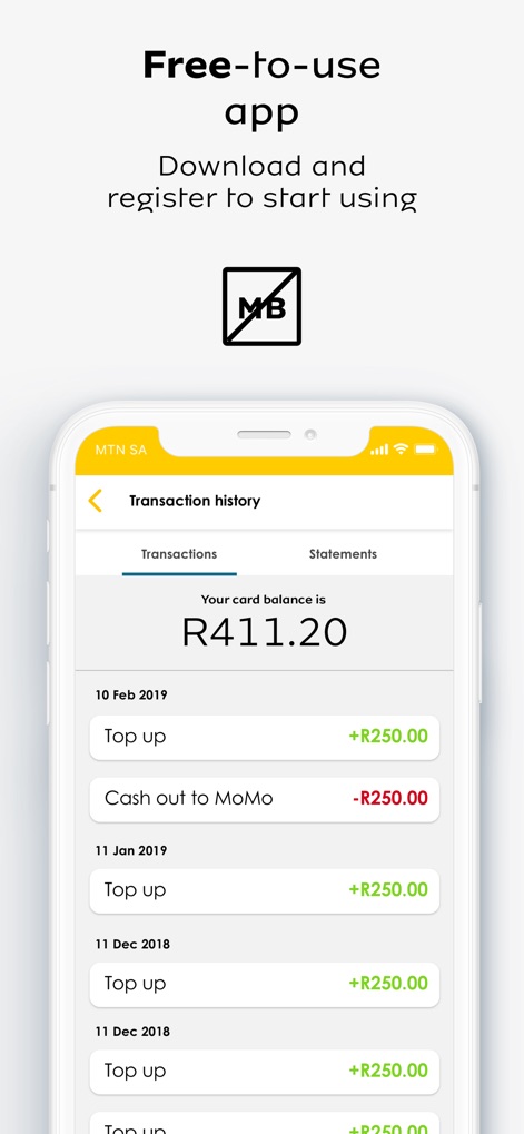 MTN MoMo SA - Users can effortlessly review their financial activities through the "Transaction history" tab, clearly displaying their "card balance" and individual debits and credits.