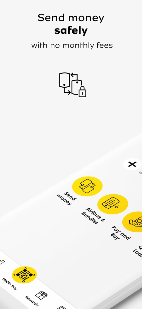 MTN MoMo SA - This visual demonstrates the app's intuitive navigation, featuring a prominent "Send money" icon and emphasizing secure transactions with no monthly fees.