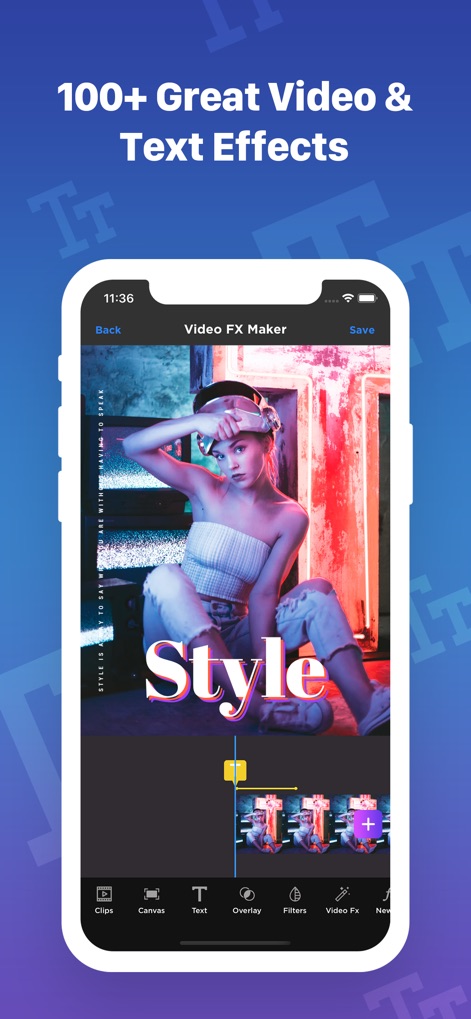 Video FX: Movie Clip Editor - Witness how the app enhances videos with eye-catching text overlays and a wide range of video effects, accessible through its streamlined bottom navigation.