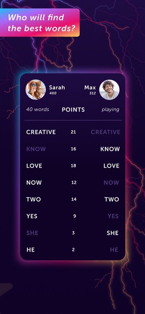 Word Blitz ･ - Nach dem Spiel können Nutzer ihre Performance genau überprüfen, indem sie eine detaillierte Liste der gefundenen Wörter und ihrer Punkte einsehen und die Statistiken beider Spieler auf einen Blick vergleichen.