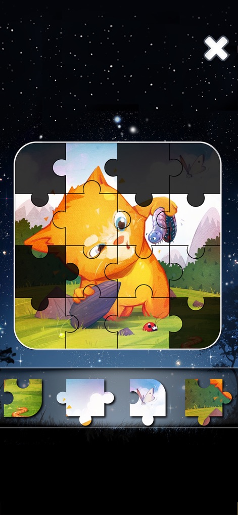 Talking Ginger - Esta seção do aplicativo apresenta um quebra-cabeça em andamento, exibindo peças incompletas e uma paleta de peças disponíveis para encaixe contra um fundo estrelado.