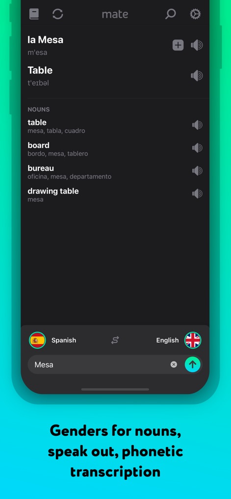 Language Translator by Mate - This tool enriches vocabulary learning by displaying phonetic transcriptions and implicit noun genders, as seen with the translation of 'la Mesa'.