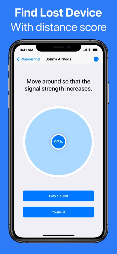 Wunderfind: Find Lost Device - Users can utilize the dynamic distance score meter and the 'Play Sound' feature to accurately home in on their misplaced devices.