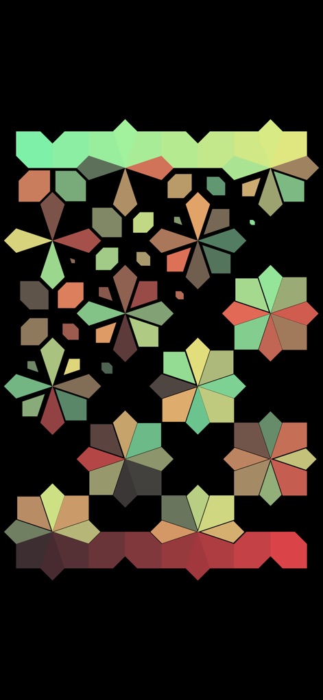 I Love Hue Too - See how the app presents diverse mosaic patterns with irregular geometric shapes and a sophisticated earthy/pastel color palette, offering a unique visual challenge.