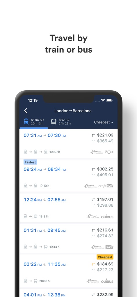 Trainline Business EU - Les utilisateurs peuvent facilement comparer les trajets en train et en bus entre Londres et Barcelone, visualisant les prix et les durées pour choisir l'option la plus rapide ou la plus économique.
