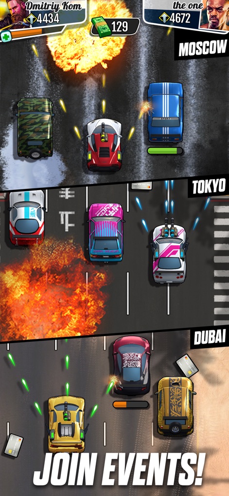 Fastlane: Fun Car Racing Game - La imagen muestra la variedad de entornos, como el asfalto de Moscú y el desierto de Dubái, así como los diferentes diseños de coches.