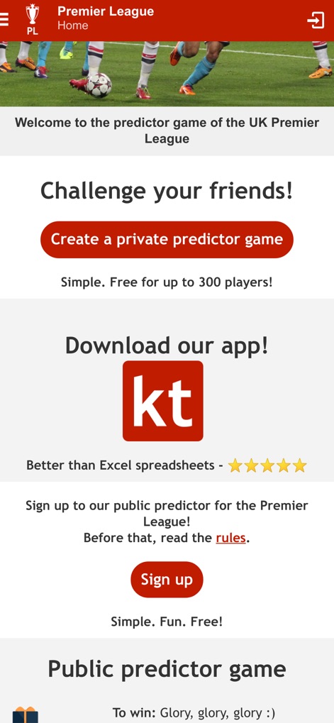 Kicktipp - L'app facilita la creazione di giochi privati tramite il pulsante 'Create a private predictor game', mentre la valutazione a stelle e il logo 'kt' ne attestano l'affidabilità e la popolarità tra gli utenti.