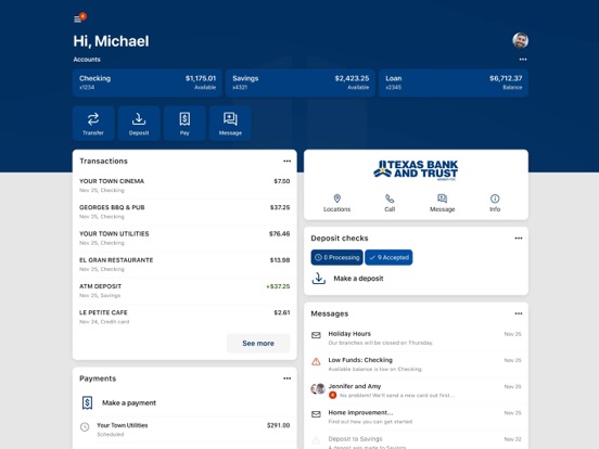 Texas Bank and Trust Mobile iPad screenshot 1 - Finance app