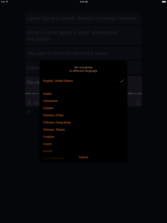 Sayve: record and transcribe iPad screenshot