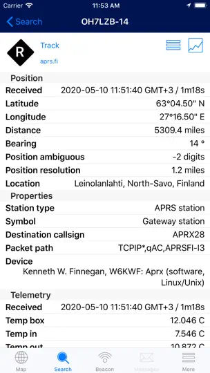 Captura de pantalla de Aprs.fi en iPhone 5