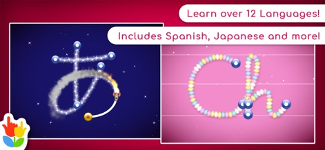 LetterSchool - Learn to Write! - The app facilitates learning across more than 12 languages, featuring unique tracing animations for characters like Japanese 'あ' and cursive 'Ch'.