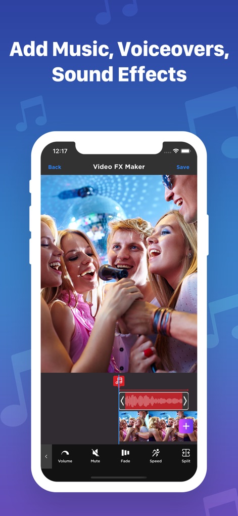 Video FX: Movie Clip Editor - Discover how users can effortlessly integrate music and sound effects into their videos, complete with advanced audio editing options like fade and speed adjustments.