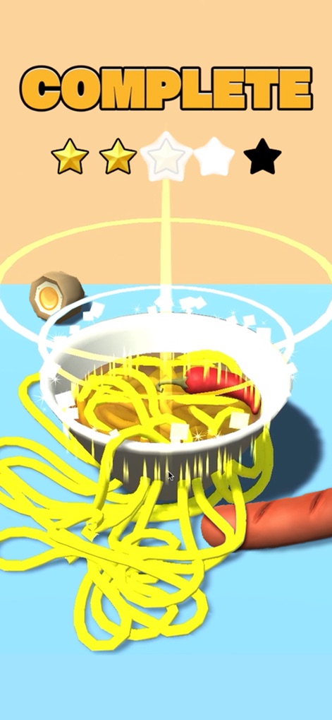 Noodle Master - La pantalla de "COMPLETE" celebra la finalización de un plato, indicando una puntuación de 2.5 estrellas y la abundancia de fideos que desbordan el tazón.