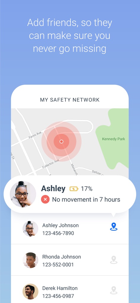 Noonlight: Feel Protected 24/7 - Users can expand their safety net by choosing to 'Add friends' to 'My Safety Network,' which displays their location and status, like 'No movement in 7 hours,' on a map.