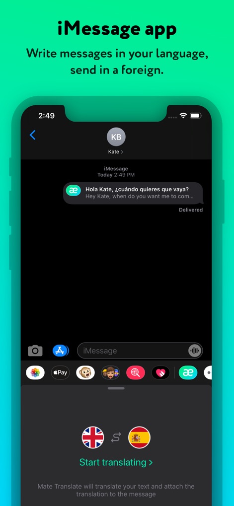 Language Translator by Mate - Users can communicate across languages effortlessly within iMessage, with the app translating messages on the fly and providing a 'Start translating' option.