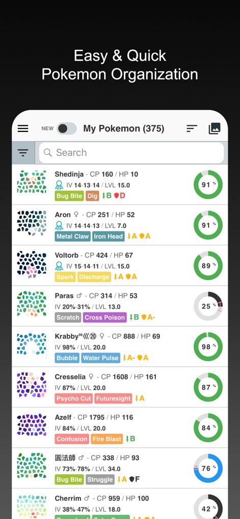 Poke Genie -Remote Raid IV PvP - The app provides an organized list view of the user's Pokemon collection, displaying individual IV percentages and current movesets for efficient management.