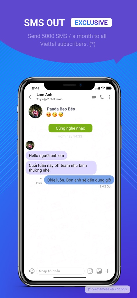 Mocha: Unlimited data - Les utilisateurs peuvent échanger jusqu'à 5000 SMS gratuits par mois vers tous les abonnés Viettel, via une interface de chat familière avec bulles de dialogue et champ de saisie texte.