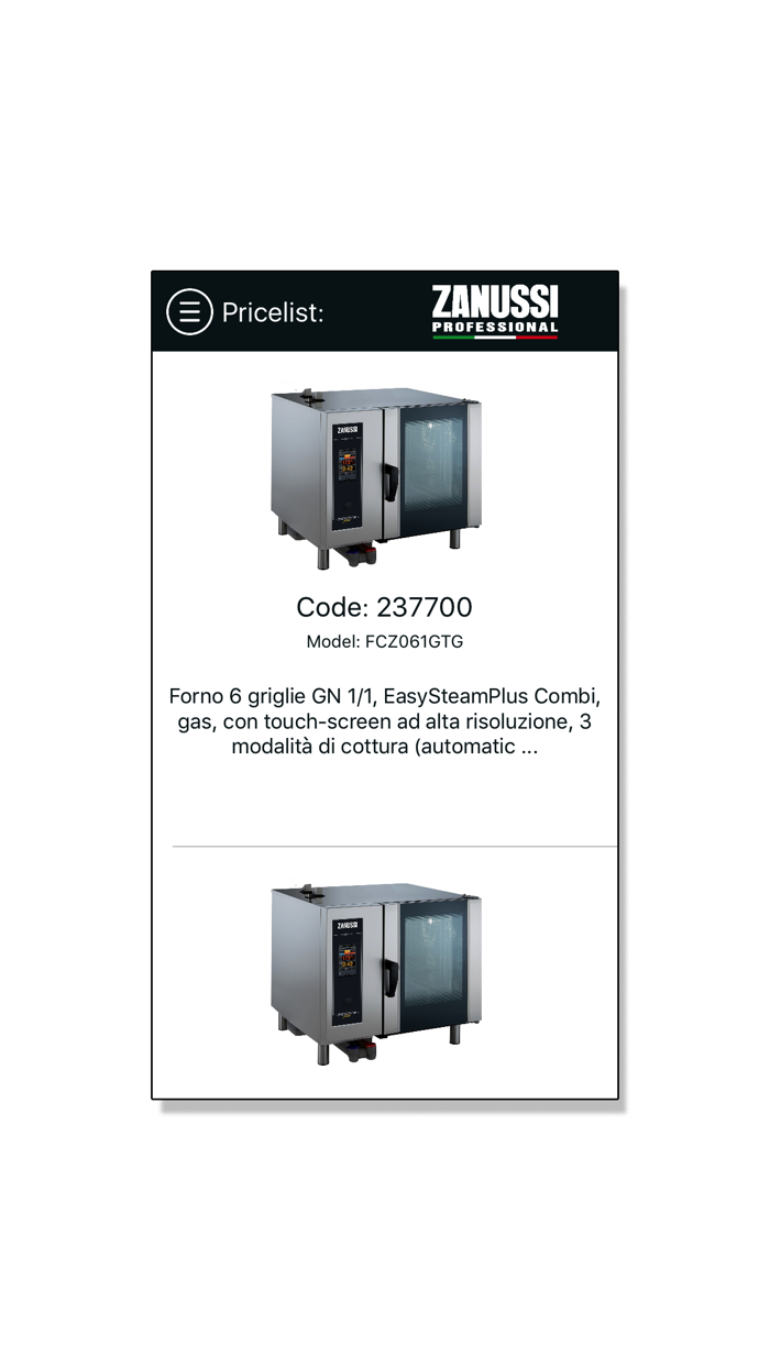 Zanussi Professional Pricelist