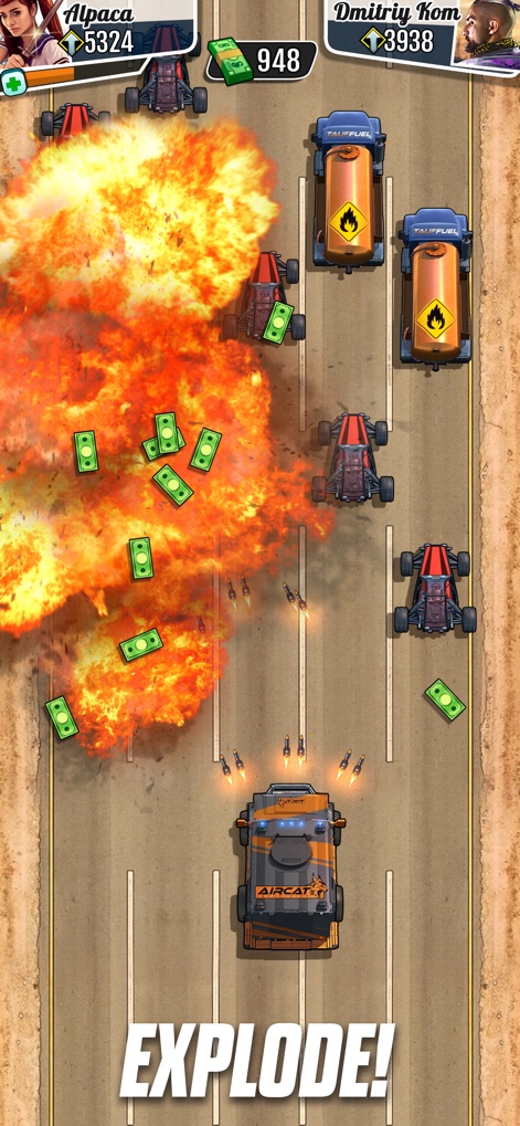 Fastlane: Fun Car Racing Game - La explosión domina la escena, mostrando camiones cisterna que pueden ser objetivos y los cohetes de un vehículo.