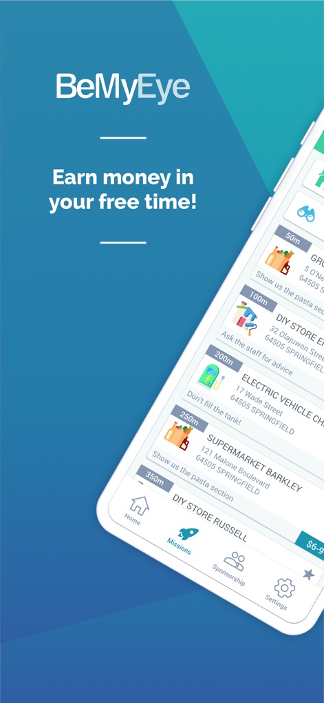 BeMyEye - Earn money - L'application met en avant des missions lucratives à proximité et une navigation intuitive pour une prise en main immédiate.