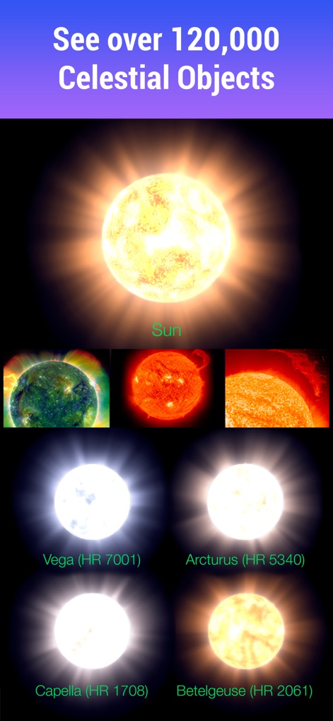 Star Walk：Find Stars & Planets - 太陽の詳細な画像と、ベガやアークトゥルスなどの有名な恒星の視覚的な比較が可能です。