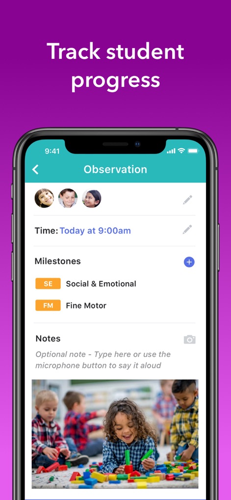 brightwheel: Child Care App - View how the app facilitates child development tracking, capturing key milestones like "Social & Emotional" and allowing detailed "Notes" with attached photos.