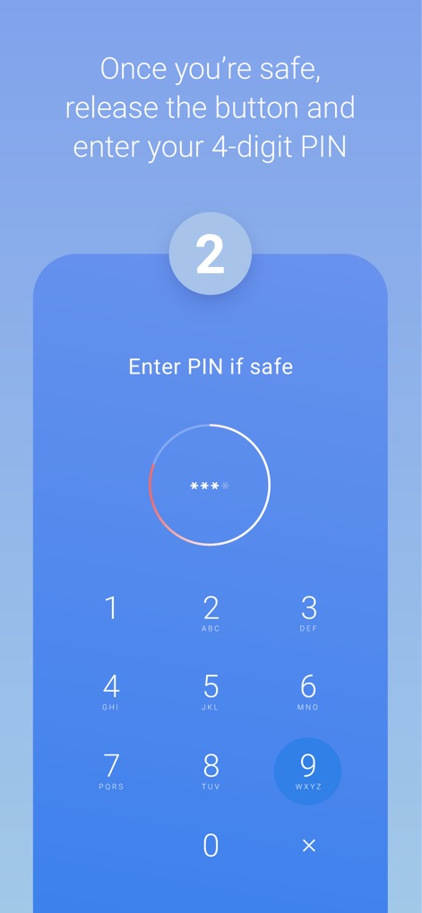 Noonlight: Feel Protected 24/7 - Users can safely disengage an alert by following the instruction to 'release the button and enter your 4-digit PIN' on the intuitive keypad interface.