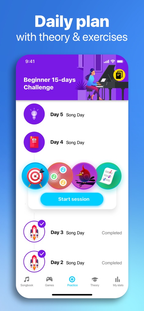 Hello Piano: Learn Pro Lessons - Observe how the app delivers a personalized daily practice plan, integrating theory lessons and tracking challenge progress with clear visual indicators.