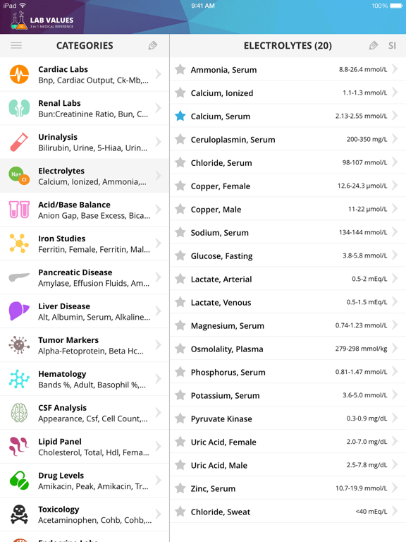 Screenshot #1 for Lab Values Medical Reference