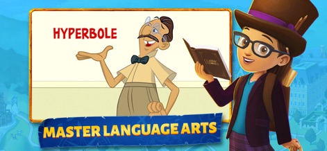 Adventure Academy - Delve into sophisticated concepts like 'Hyperbole' presented with engaging visuals and a character enthusiastically holding a 'Classic Stories' book.