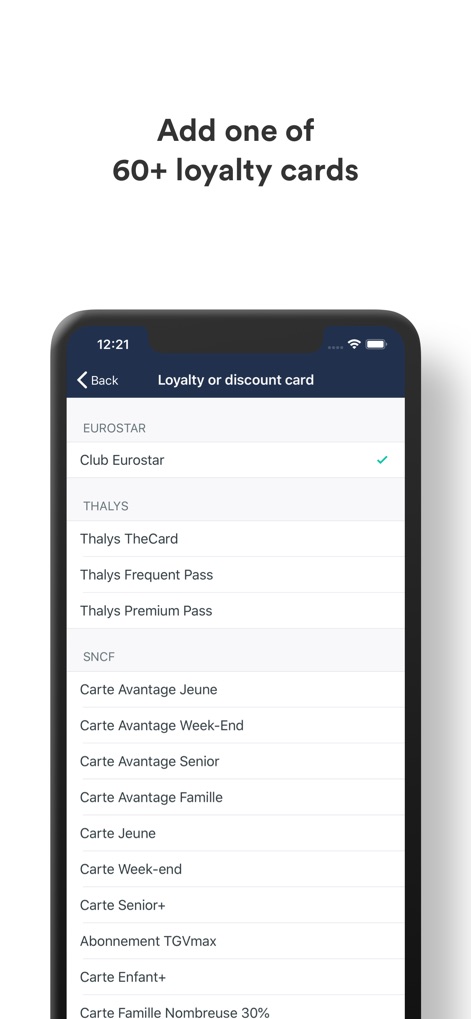 Trainline Business EU - L'application intègre une liste étendue de plus de 60 cartes de fidélité et de réduction, permettant aux utilisateurs de sélectionner des programmes comme Club Eurostar ou Carte Avantage Jeune pour bénéficier d'avantages.