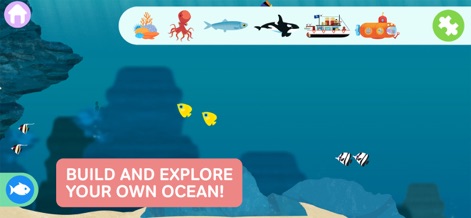 MarcoPolo Ocean - Users can effortlessly customize their underwater world by selecting from a diverse toolbar of marine animals and vehicles, such as fish and submarines.