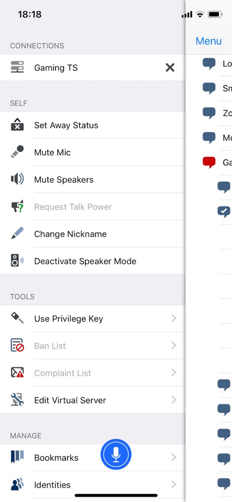 TeamSpeak 3 - ユーザーは左側のメニューから、マイクやスピーカーのミュート機能、そして特権キーの使用やバーチャルサーバーの編集といった高度なツールにアクセスできます。これにより、ユーザーは自身のコミュニケーション環境を柔軟にカスタマイズできます。
