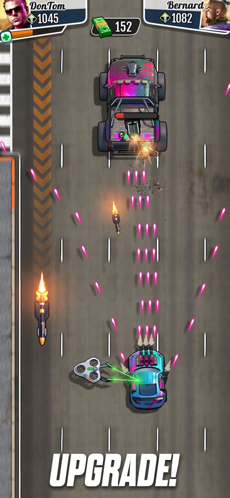 Fastlane: Fun Car Racing Game - Esta captura presenta la personalización de vehículos con diferentes diseños y la variedad de proyectiles que se disparan.