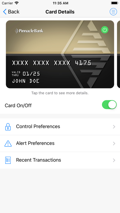 Pinnacle Bank Card Control Screenshot