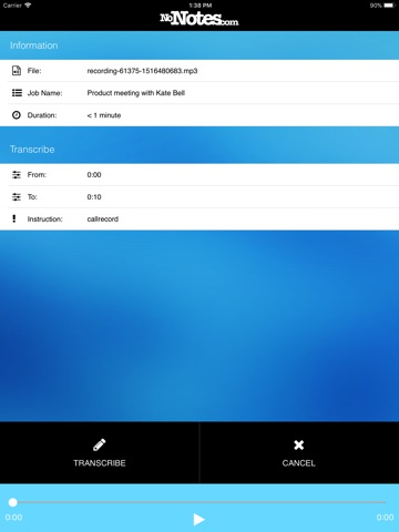 Transcribe by NoNotes iPad screenshot